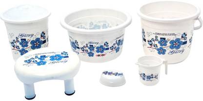 Ziasi bathroom set with flower printed Bathroom Accessories 6 Pcs Set White (Bucket 16.0 ltr, 18 L Plastic Mug, Round Dustbin with Lid 11 Ltr, Mug 1 ltr, Soap Case, Round Stool) 46 L Plastic Bucket