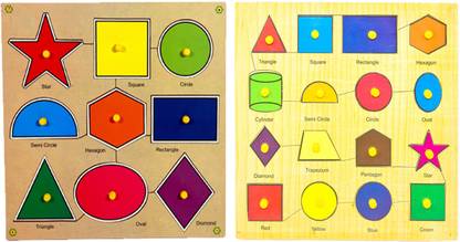 Toyvala Wooden Puzzle Board for Kids - 16 Colour and Shape & 9 Different Shapes Wooden Learning Jigsaw Puzzle 3D Wooden Board - Learning & Educational Gift for Kids ( Combo Of 2 )