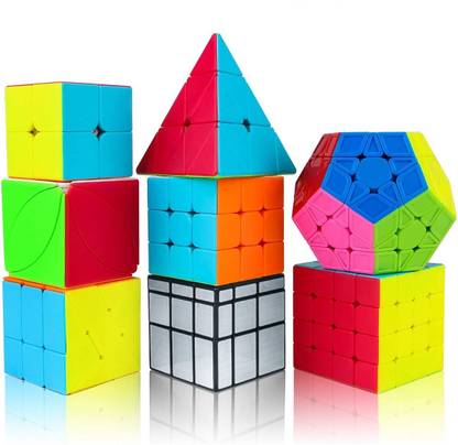 Authfort Speed Cube Set, 8 Pack Magic Cube Bundle- 2x2 3x3 4x4 , Pyramid, pentagon, silver mirror, leaf, windmill Stickerless Cube Puzzle Collection