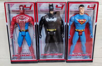 GEEKMONKEY Spiderman, Superman, Batman Super-Hero Figurine Adjustable Body Toy Action Figure with Press Button Light (Set of 3 Superhero Action Figure 15 cm