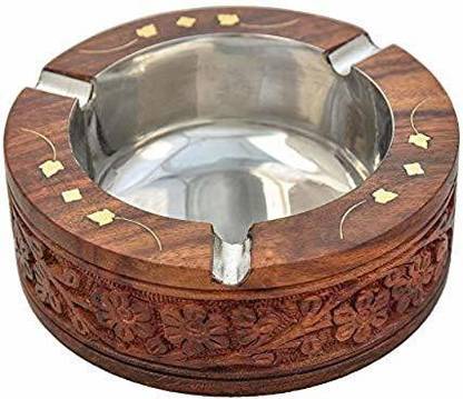 crafthub Handmade Wooden Round Shaped Home and Office Ashtray for Cigar and Cigarettes 1pc (12x12cm) Brown Wood Ashtray