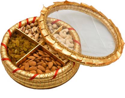 Giftrend Ethnic Handmade Dryfruits and Nuts Gift Tokri/Basket/Hamper With Almond,Cashew,Raisin,Pistachio For Diwali Bhai Doj/Wedding/Engagement/Roka/Return Gift/Employee Gift/Business Promotion,800gm Wooden Gift Box