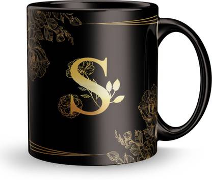 Earnam Letter S alphabet Design Printed Black Ceramic Ceramic Coffee Mug