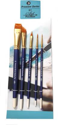 ART PAVILION FLAT/ANGULAR/CATTALE/ROUND/SCRIPT BLUE HANDLE BRUSH SET FOR ARTISTS SET OF 5 (BLUE/EWHITE)