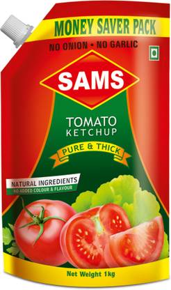 sams Tomato Ketchup without Onion & Garlic 1 kg Pouch Pack of 1 Pure and Thick Tomato Sauce for Sandwhich Dips Dressings Snacks Delicious Real Juicy Tomatoes Natural Ingredients|No onion| No Garlic Ketchup