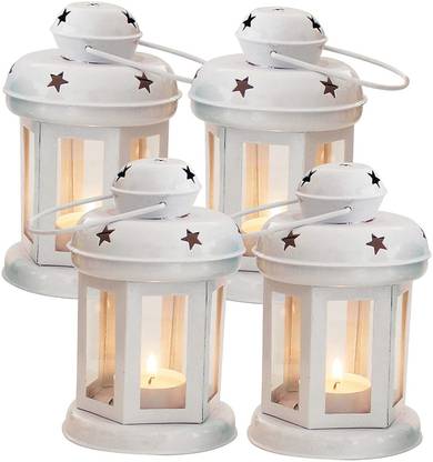 United Crafts Tealight Lantern Lamp for Home Decor | Pack of 4 | White Metal Hanging Lantern