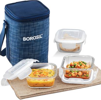 BOROSIL Glass Microwave Safe 3 pc Square Containers Lunch Box With Bag, 320 ML, Blue 3 Containers Lunch Box