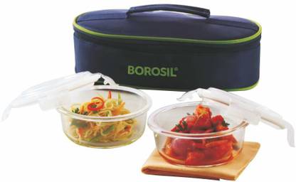 BOROSIL Round Glass Lunch Box Set of 2 Container, 400 ml each, Horizontal, Microwave Safe Office Tiffin 2 Containers Lunch Box
