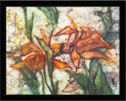Artzfolio ArtzFolio Image of Orchid, Batik On Silk Tabletop Painting Black Frame 7.4inch x 6inch (18.8cms x 15.2cms) Digital Reprint 7 inch x 7.9 inch Painting