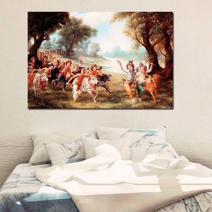 Casperme CasperMe Arts Studio Shri Krishna Leela Painting Theme Canvas Wall Painting Framed Wooden Stretched (36 x 24 inches) Ink 36 inch x 24 inch Painting