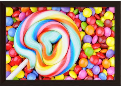 Artzfolio ArtzFolio Photo of Striped Lollipops & Multicolored Smarties Tabletop Painting Dark Brown Frame 11.5inch x 8inch (29.3cms x 20.3cms) Digital Reprint 8.5 inch x 12 inch Painting