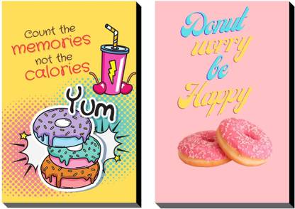 DecoDrama Kitchen Quotes (Donut Worry be Happy, Count The Memories not The Calories) Framed on MDF Board for Dining Table or Kitchen Digital Reprint 12 inch x 19 inch Painting