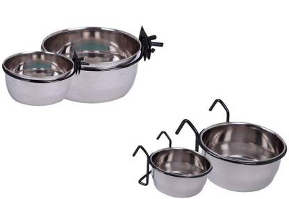 Sage Square Stainless Steel Birds Feeder Bowl with Clamp Holder, 200 ml Birds Coop Cup Feeder Bowl with Hook Holder, 200 ml (Pack of 2 bowls) Round Steel Pet Bowl