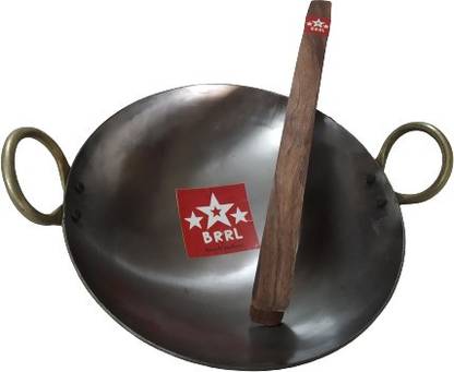 BRRL BRRL New Style Iron Loha Lokhand Kadhai Wok Cooking Pan For Cooking And Frying Veg Or Non Veg With Sheesham Wood Chimta 9.5" Kadhai 26 cm diameter 2 L capacity