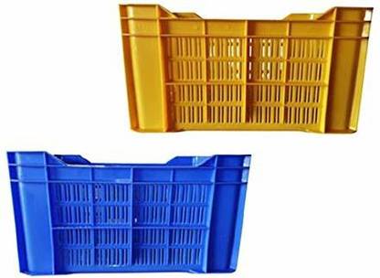 Shree Plastic Plastic Fruit & Vegetable 2 Storage Crate/Multipurpose Plastic Crates for Storage, Blue and Yellow color, Size 533mm x 360 mm x 305 mm Storage Basket