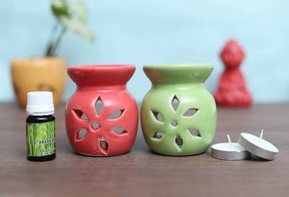 Flipkart Perfect Homes Citrus Diffuser Set Ceramic Tealight Diffuser Combo (Green&Red Color ) set of 2 with 2 Tealight Candles and 10 ml oil