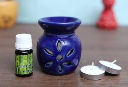 Flipkart Perfect Homes Citrus Diffuser Set Ceramic Tealight Diffuser (Flower Cut Design )Blue Color with 2 Tealight Candles and 10 ml Fragrance oil