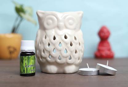 Flipkart Perfect Homes Citrus Diffuser Set Ceramic Owl Shape Tealight Diffuser with 2 Tealight Candles and 10 ml oil