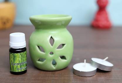 Flipkart Perfect Homes Citrus Diffuser Set Ceramic Tealight Diffuser (Flower Cut Design )Green Color with 2 Tealight Candles and 10 ml Fragrance oil
