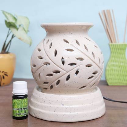 Flipkart Perfect Homes Citrus Diffuser Set Ceramic Electric Diffuser Matki Shape (Big Size ) White Color with 10 ml Fragrance oil