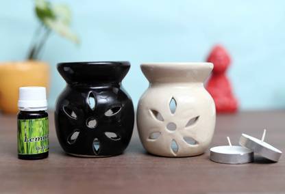 Flipkart Perfect Homes Citrus Diffuser Set Ceramic Tealght Diffuser Combo (Black & White Color ) set of 2 with 2 Tealight Candles and 10 ml oil