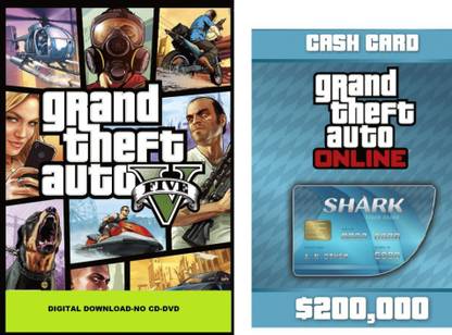Grand Theft Auto V + Tiger Shark $2,00,000 Cash Card PC Rockstar Code (No CD/DVD) with Game and In Game Credit