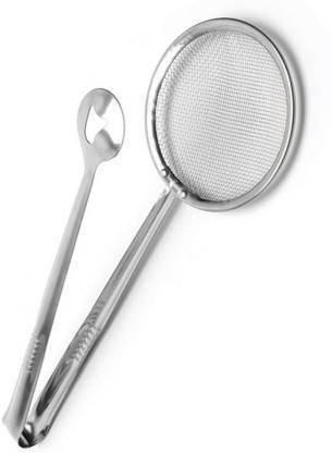 ELIXIR VINI CREATION VC SPOON 002 VC 1 Pcs Multi-Functional 2 in 1 Fry Tool Filter Spoon Strainer with Clip Collapsible Strainer (steel Pack of 1) 28 cm Serving Tongs