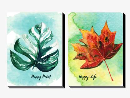 DecoDrama Happy Mind Happy Life Quotes With Spring Leaves Digital Reprint 12 inch x 9 inch Painting
