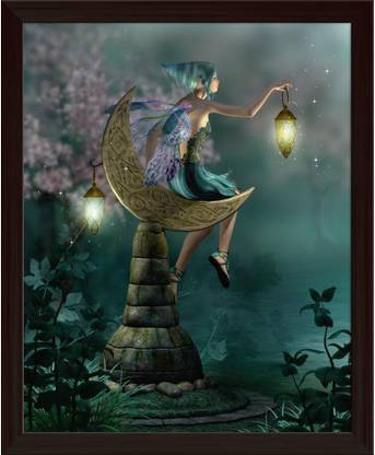 Artzfolio Little Pixie with a Lantern Sitting on Moon Canvas Painting Dark Brown Synthetic Frame 16inch x 19.8inch (40.6cms x 50.2cms) Digital Reprint 19.8 inch x 16 inch Painting