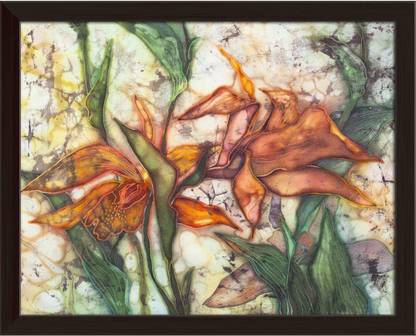 Artzfolio Image of Orchid, Batik On Silk Canvas Painting Dark Brown Synthetic Frame 20.2inch x 16inch (51.2cms x 40.6cms) Digital Reprint 16 inch x 20.2 inch Painting