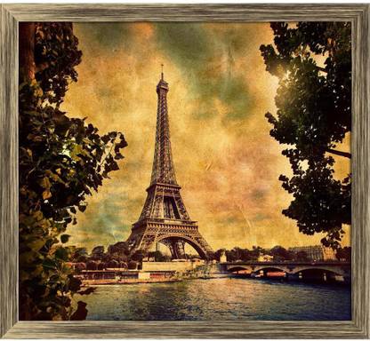 Artzfolio Vintage Image of Eiffel Tower in Paris, Fance Canvas Painting Antique Golden Synthetic Frame 26.5inch x 24inch (67.4cms x 61cms) Digital Reprint 24 inch x 26.5 inch Painting