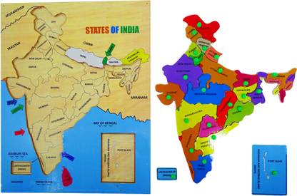 पोक MAP OF INDIA WITH STATES AND CAPITAL- WOODEN PUZZLE BOARD WITH KNOBS-28 STATES AND 8 UNION TERRITORIES