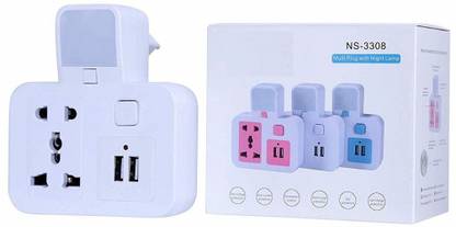 LOGICWARE Multi-Plug with Night lamp with Dual USB Charger with Universal 2-Pin &3-PIN Socket Worldwide Adapter Table Lamp