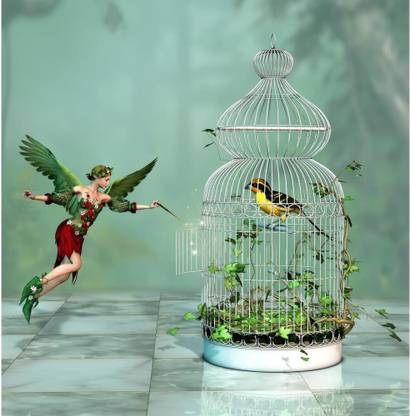 Artzfolio Bird freed out of the Cage by a Fairy Unframed Premium Canvas Digital Reprint 32.5 inch x 33.1 inch Painting