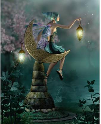 Artzfolio Little Pixie with a Lantern Sitting on Moon Unframed Premium Digital Reprint 28.5 inch x 35.5 inch Painting