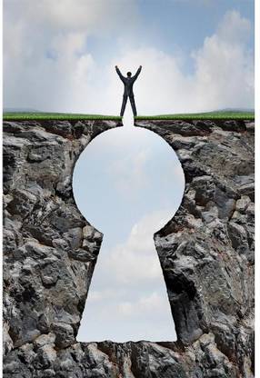 Businessman Standing On Keyhole Mountain Cliff Unframed Paper Poster 12inch x 18inch (30.5cms x 45.7cms) Paper Print