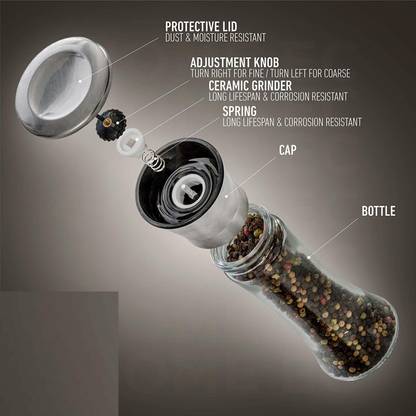 Coozico Salt Grinder & Pepper Grinder - Tall Glass Salt and Pepper Shakers - Glass Traditional Pepper Mill