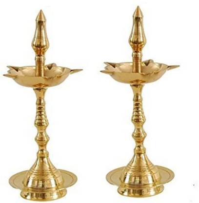 Hashcart Brass Puja Oil Diya Lamp Engraved Design Deepak Pooja Article Kerela Dia Brass (Pack of 2) Table Diya Set