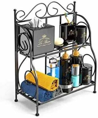 Craftland Utensil Kitchen Rack Iron Craftland 2-Tier Foldable Shelf Rack Kitchen Bathroom Countertop, 2-Tier Standing Storage Organizer Spice Jars Bottle Shelf Holder Rack -Black