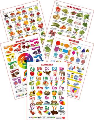Spectrum Set of 5 Educational Large Wall Charts : ( Fruits , Vegetables , Colours , Shapes & English Alphabet )
