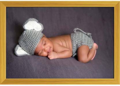 Artzfolio ArtzFolio Smiling Newborn Baby Boy Sleeping Tabletop Painting Golden Frame 8.5inch x 6inch (21.6cms x 15.2cms) Digital Reprint 7 inch x 9 inch Painting