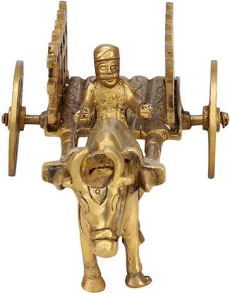 ASTRUMS Brass Bullock/Bull Cart with Farmer Open Jaali Pulled by Single Bull- 6.5 Inches Decorative Showpiece  -  17 cm