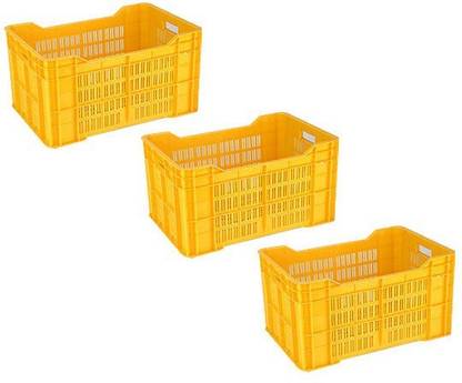Shree Plastic Plastic Yellow Storage Multipurpose/Vegetable/Fruit/Fish Pack of 3 Crate Size 533mm x 360 mm x 305 mm Storage Basket
