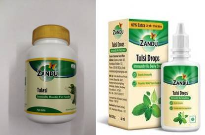 ZANDU Tulsi Immunity Booster Drops & Tulasi Pure Herbs Immunity Booster Capsules- Set of 2 - 32ml / 55 Count