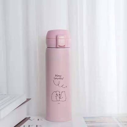 CherryBox Bear Print Stainless Steel Water Bottle - 450 ml Flask - Pastel Colour (Pink) 450 ml Flask