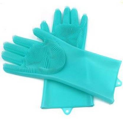 HSA Set of A Pair Magic Silicone Gloves Wash Scrubber Gloves Reusable Cleaning Brush Gloves Heat Resistant Scrub Rubber Glove and fruit dishwashing gloves (Multicolour -1 Pair) Wet and Dry Glove
