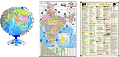 YAVIRA Combo of laminated globe with steel base and Arc , Latest Indian political map & latest Indian constitution wall chart Desk and table top Political World Globe