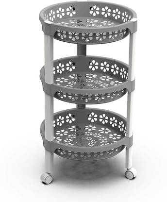 N H Enterprise Utensil Kitchen Rack Plastic 3 Layer Round Trolley Kitchen Storage Cart with Fruit Vegetable Storage Baskets and Wheels Heavy Duty Plastic ( Daiso Grey )