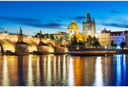 Artzfolio Vltava River Pier & Charles Bridge in Prague Painting MDF Frame 24x16inch Canvas 24 inch x 16 inch Painting