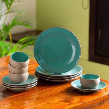 ExclusiveLane Pack of 12 Ceramic Hand Glazed Dinner Plates With Side/Quarter Plates & Katoris Dinner Set